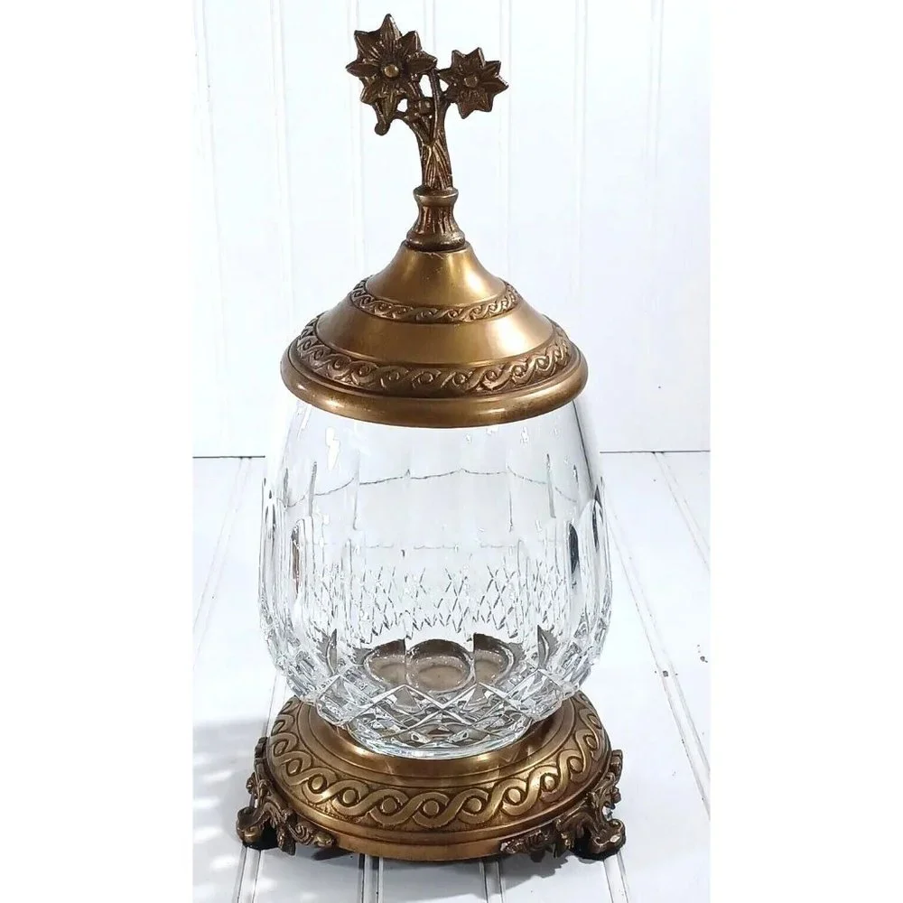CASTILIAN  LEAD CUT CRYSTAL BRONZE PEDESTAL CANDLE LAMP CENTERPIECE BOWL VASE - Picture 2 of 11